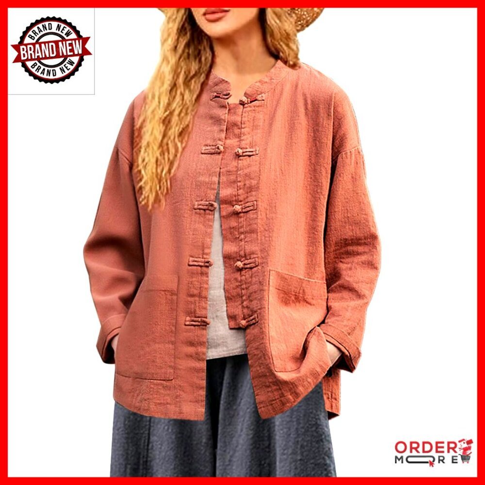 Linen Button-Down Shirt Jacket Long Sleeve Mandarin Collar Relaxed Fit